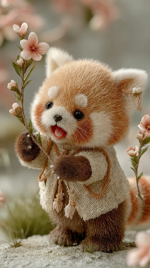 Cute Baby Red Panda Yawning in a Pastel Garden