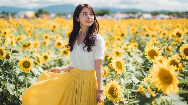 Japanese Woman in Sunflower Field Summer Scene