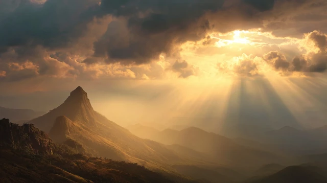 Mountain Peak Under Golden Sky Godlike Scene