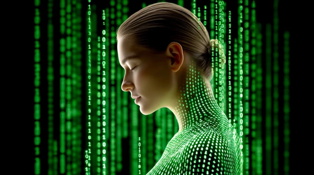 Woman in Binary Code Cyberpunk Editorial Photo