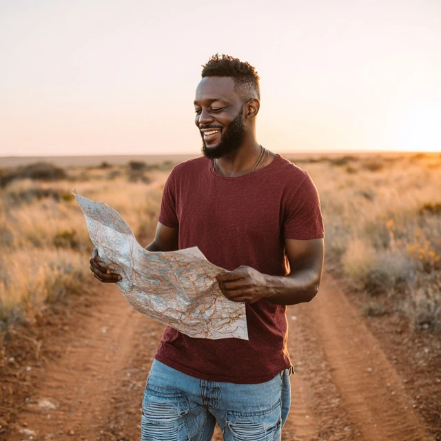 Safari Adventure Man with Map in Maroon Tee