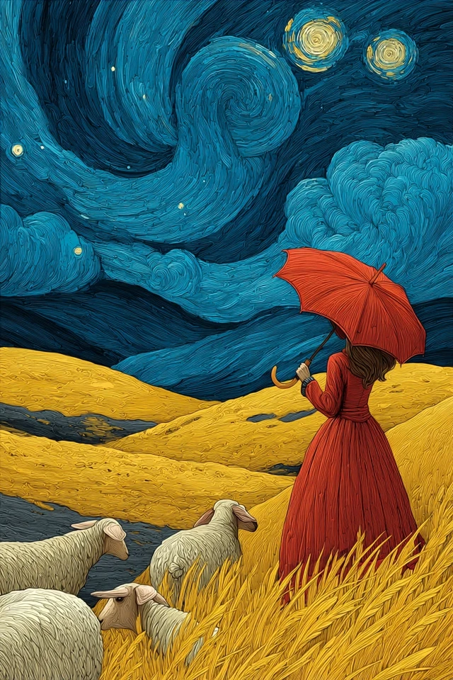 Van Gogh Inspired Girl with Umbrella and Sheep