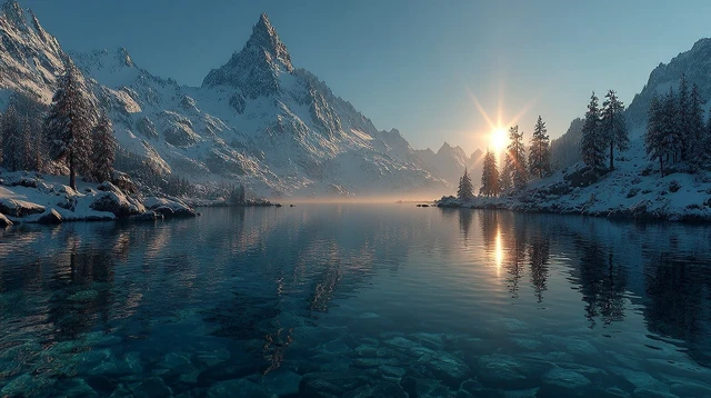Mountain Lake Sunrise Scenery with Snow Covered Peaks
