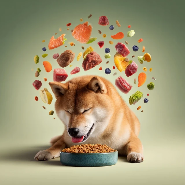 Happy Shiba Inu Eating Dog Food Studio Photo