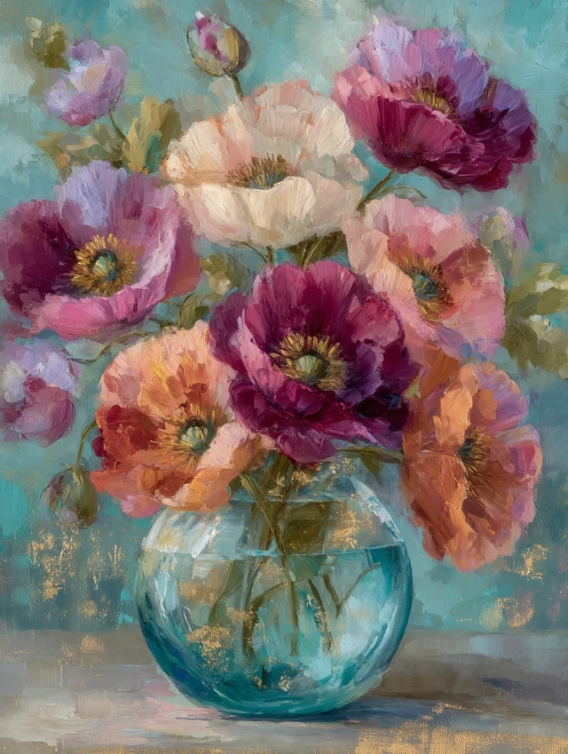 Poppy Flowers in a Vase Modern Art Painting Gold Accents