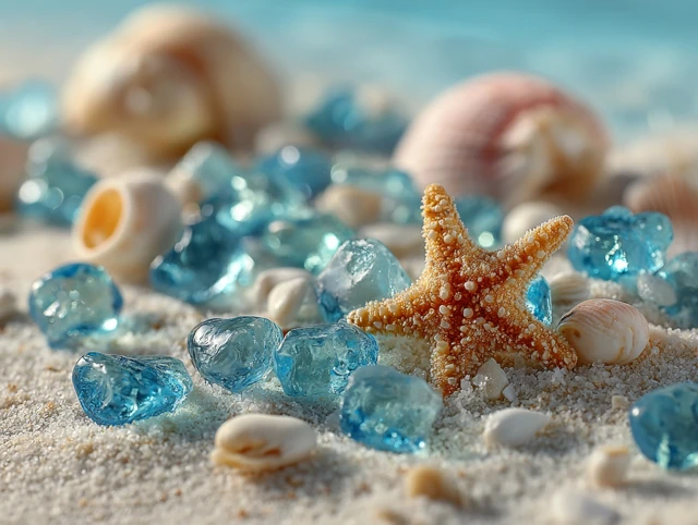 Beach Scene Starfish Shells Sand and Glass