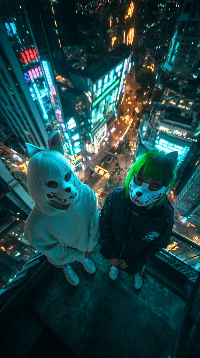 Cyberpunk Girls Fox Masks Rooftop Night City