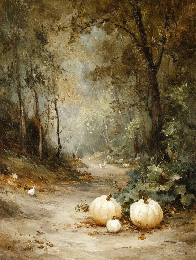 Vintage Autumn Forest Oil Painting with Pumpkins