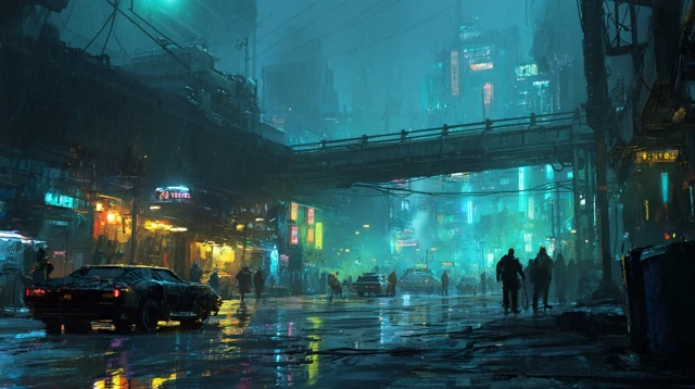 Cyberpunk City Rain Futuristic Street Scene