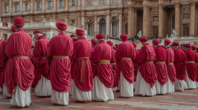 Cardinals in Red Robes Facing Young Men Back View