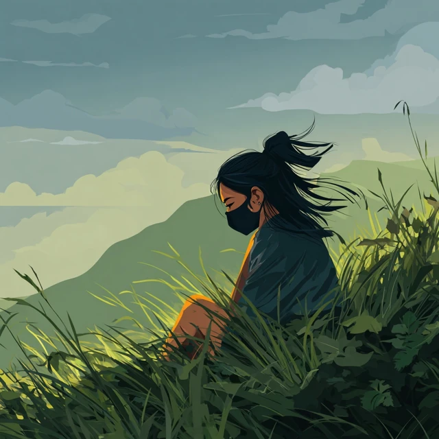Cartoon Girl with Mask Box in Wilderness
