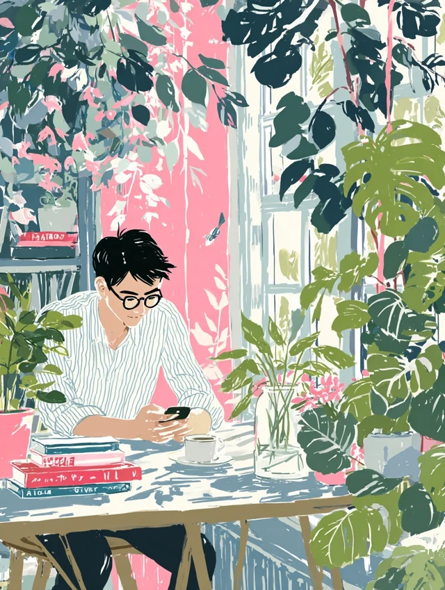 Cafe Scene East Asian Man with Smartphone