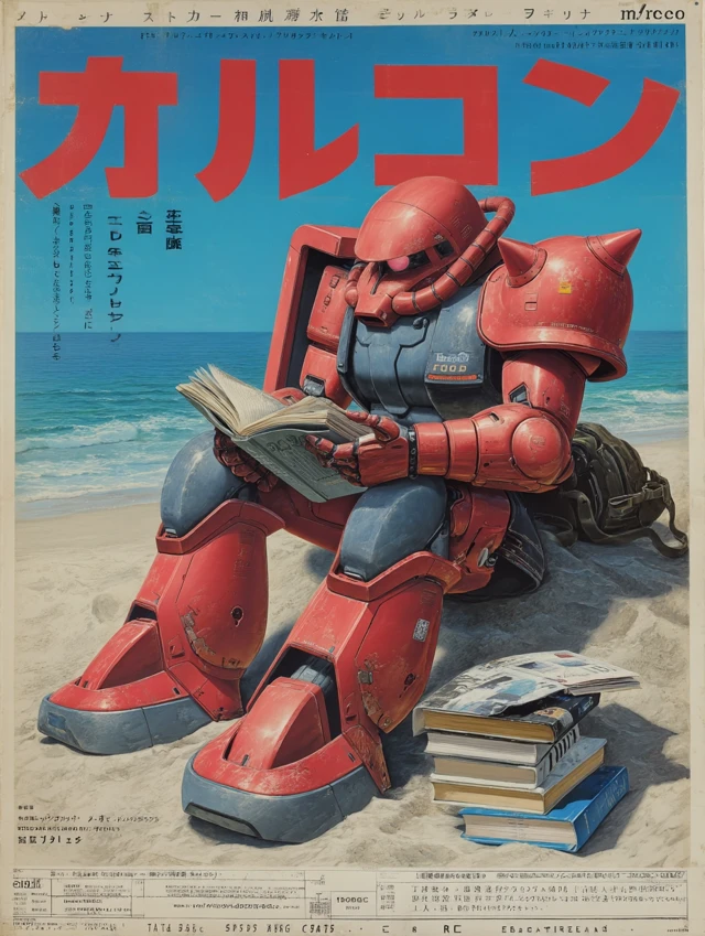 Zaku II Vintage Poster Reading on Beach