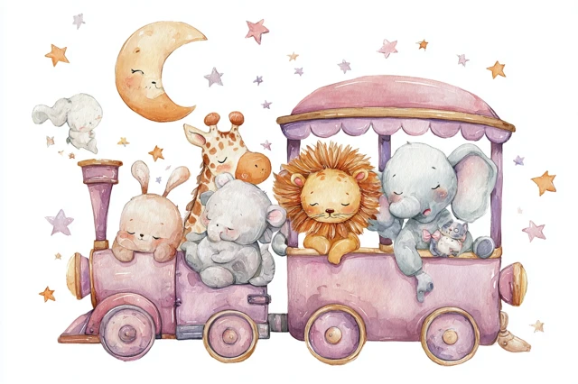 Watercolor Train Animals Giraffe Lion Elephant Kitten
