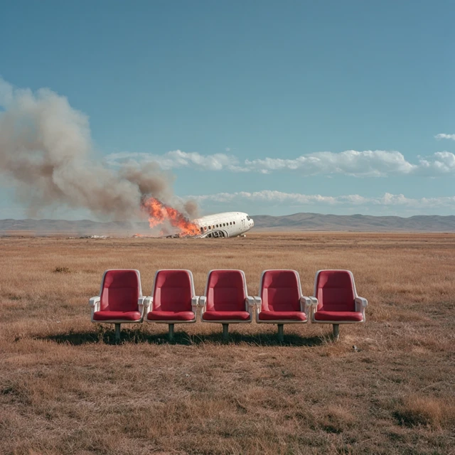 Burning Airplane and Red Seats on a Grassy Field