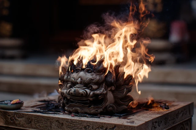 Burning Mask on Temple Altar