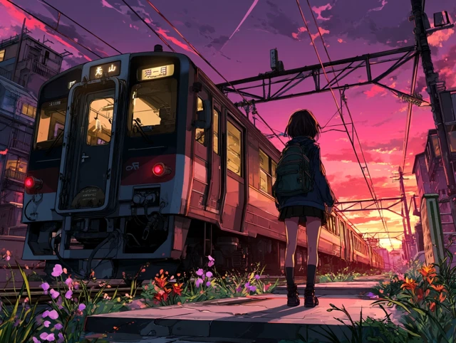 Anime Girl at Train Station Sunset Scene