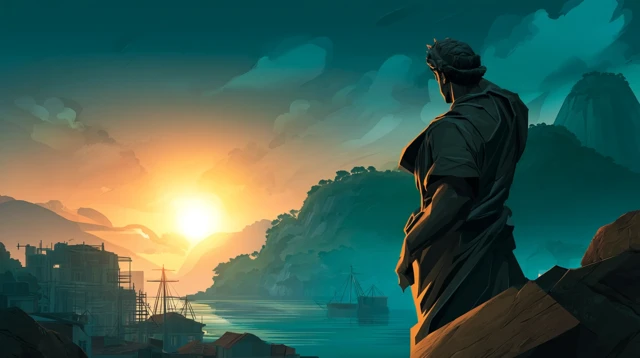 Sunrise Statue Harbor Illustration