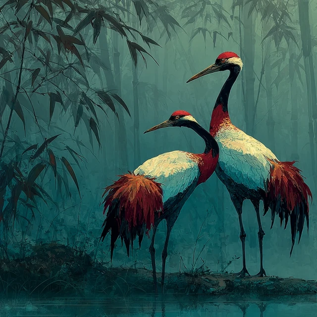 Ancient Chinese Art Red Crowned Cranes Bamboo Forest