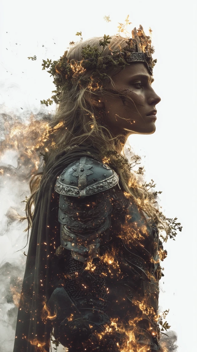 Warrior Queen in Armor Fire and Smoke Portrait