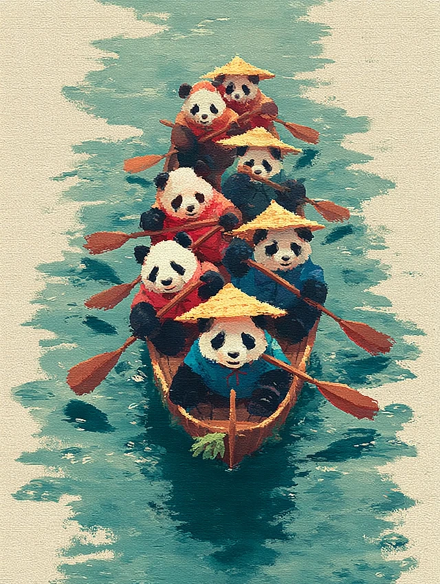 Panda Dragon Boat Rowers Illustration Art
