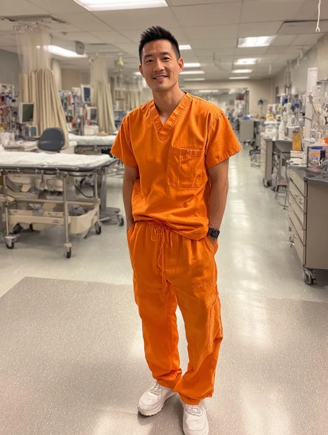 Asian Doctor in Orange Scrubs Hospital Setting