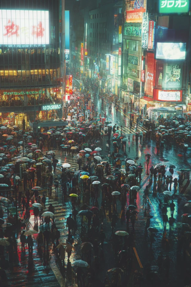 Shibuya Crossing at Night Rain and Neon Lights