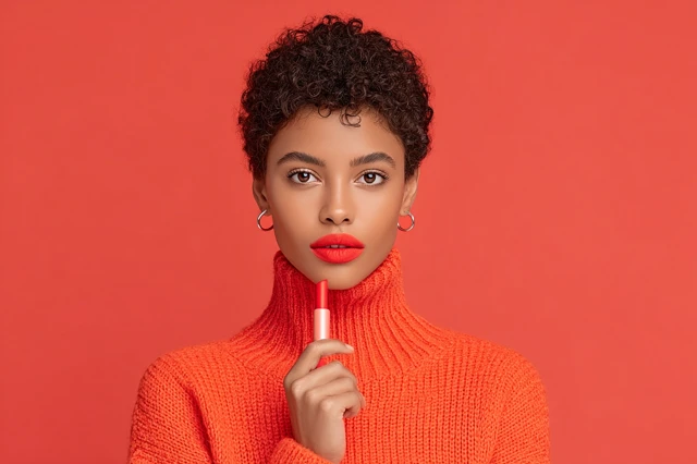 Woman with Red Lipstick Beauty and Makeup
