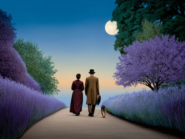 Victorian Couple Walking Dog on a Moonlit Path