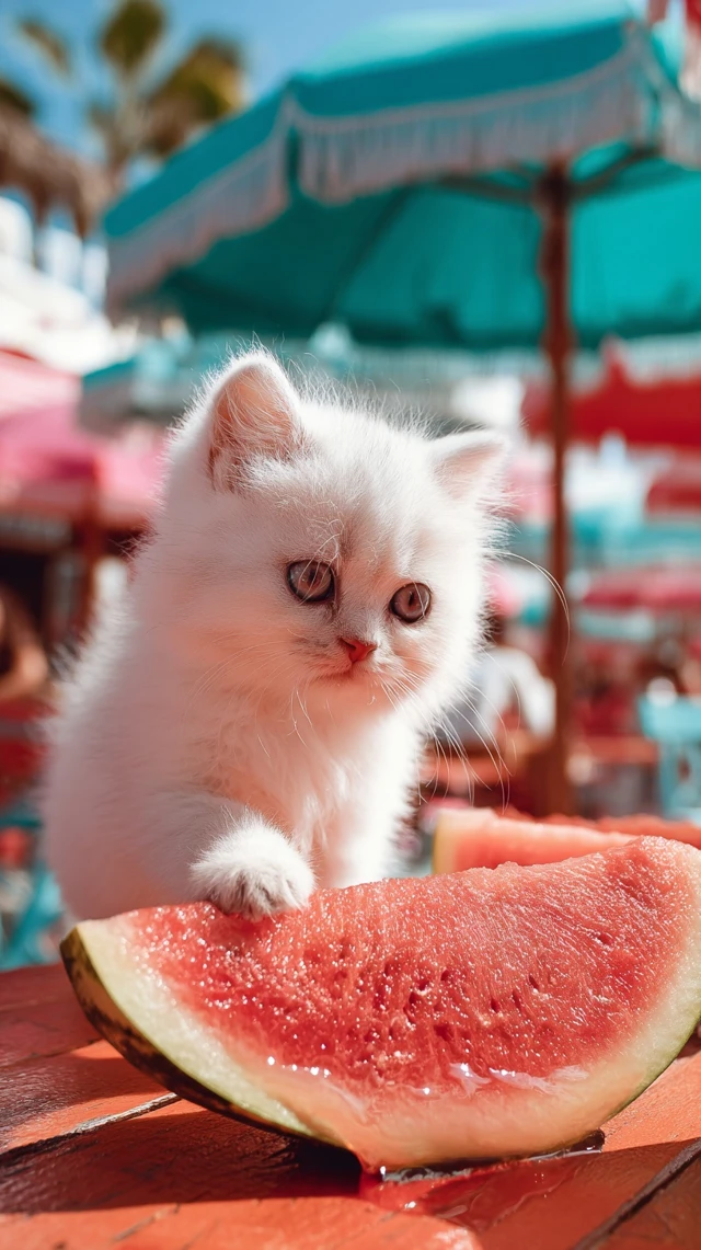 Cute Kitten and Watermelon Beach Cafe