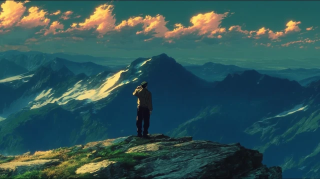 Anime Man on Mountain Adventure Dramatic Scenery