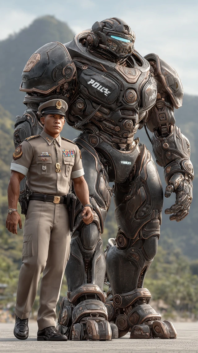 Thai Police Commander and Futuristic Robot 4K