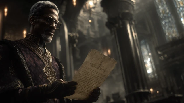 Elder Scholar in Magical Library Dark Fantasy Scene