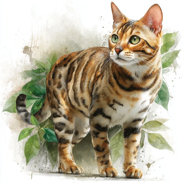 Bengal Cat Watercolor Illustration Alert and Focused