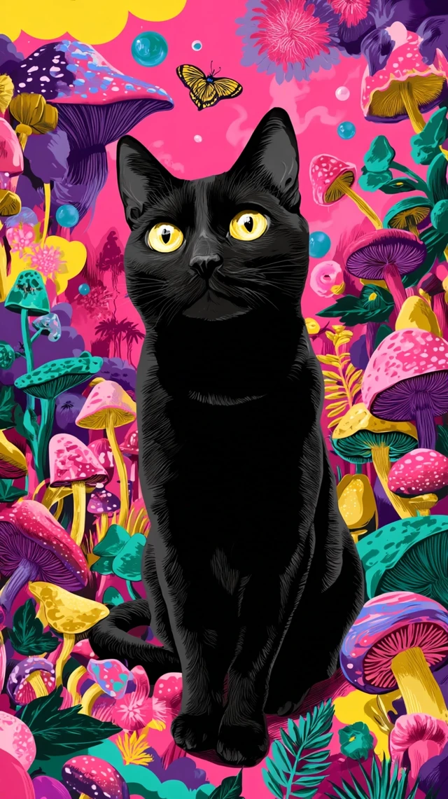 Black Cat Trippy Art with Magic Mushrooms