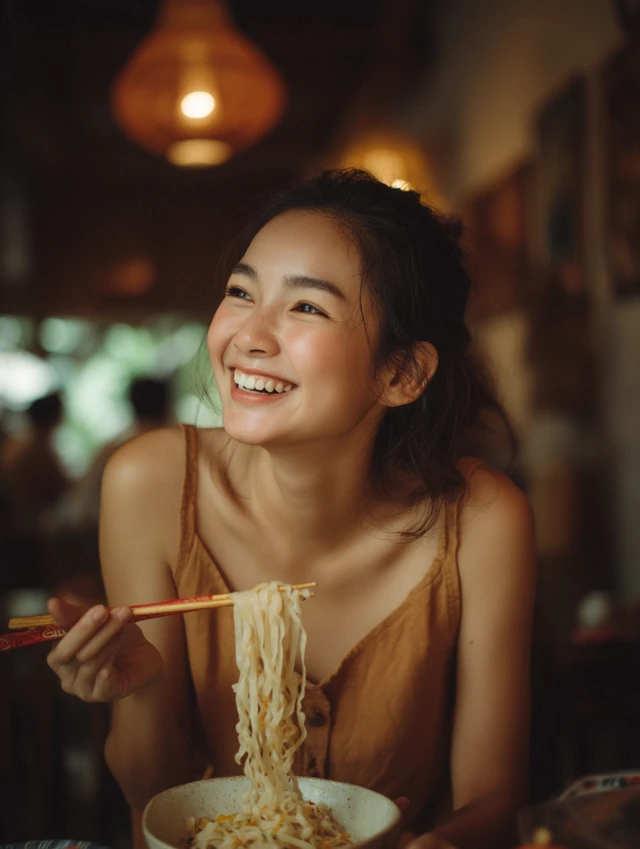 Thai Woman Eating Noodles Food Lifestyle Photography