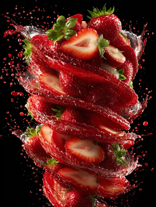Strawberry Tornado: Juicy Fruit Splash on Black