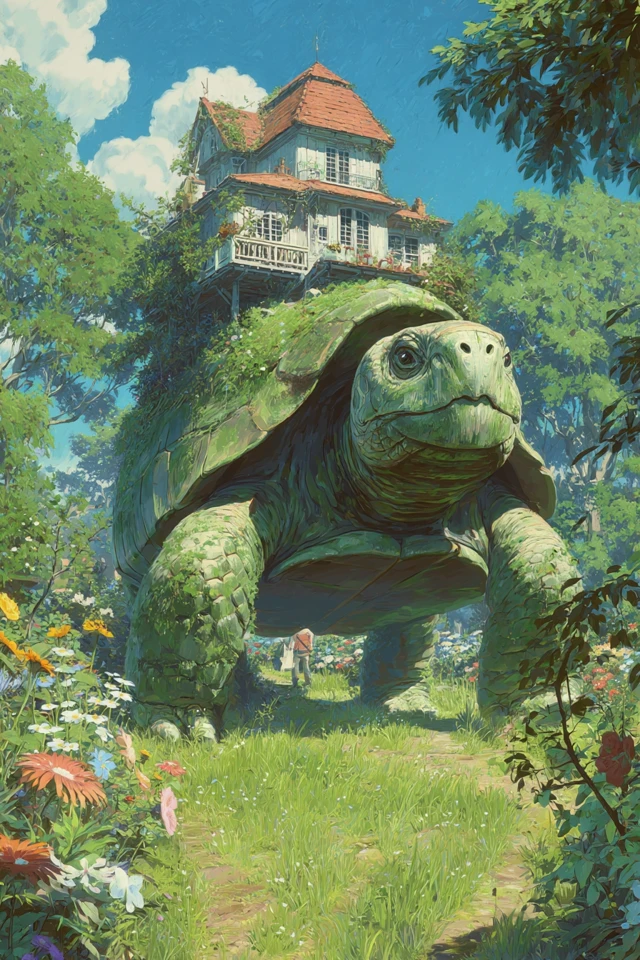 Giant Tortoise House Walking Through Forest Anime
