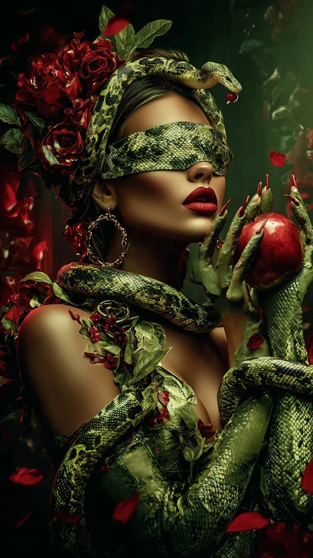 Temptation Night Woman with Snake and Apple