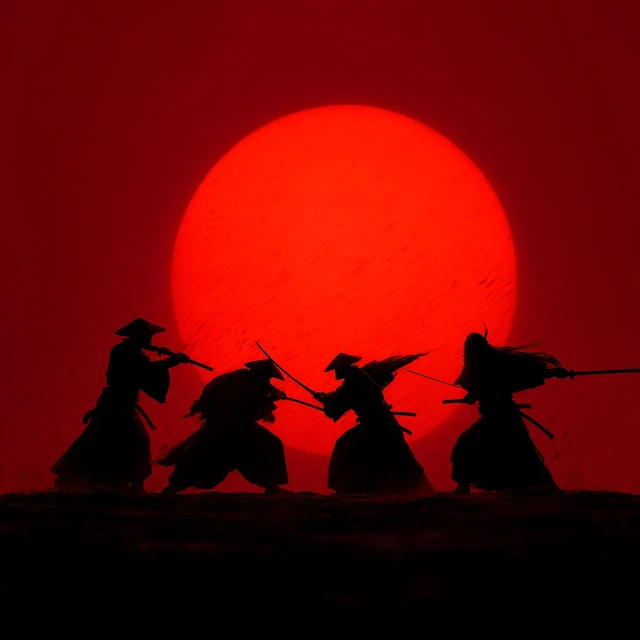 Samurai Battle Silhouette Red Moon Anime Style
