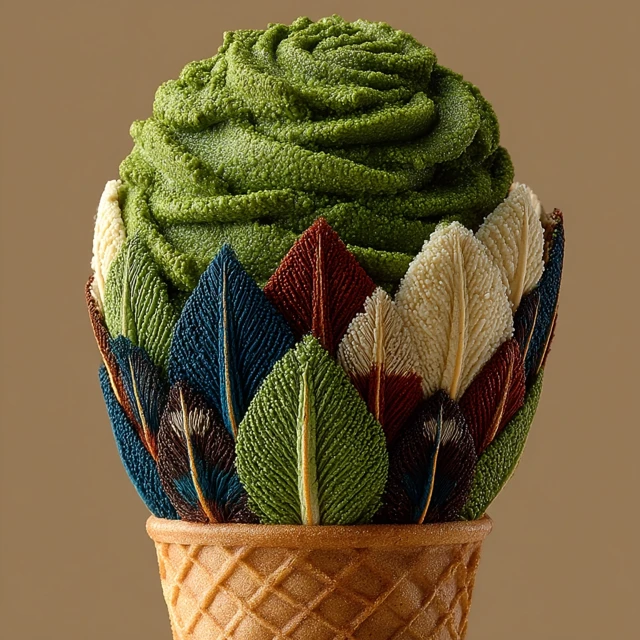 Matcha Ice Cream Cone with Feather Design