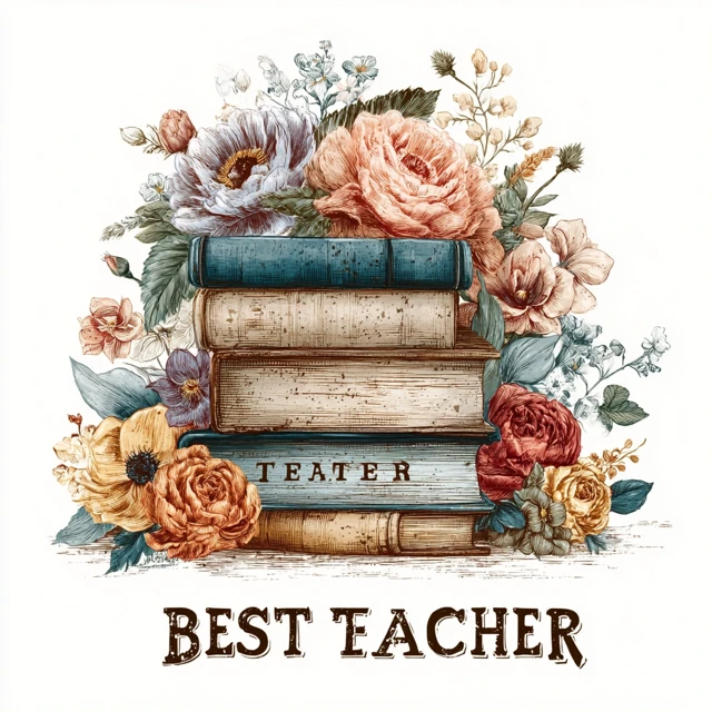 Best Teacher Vintage Books and Flowers Illustration