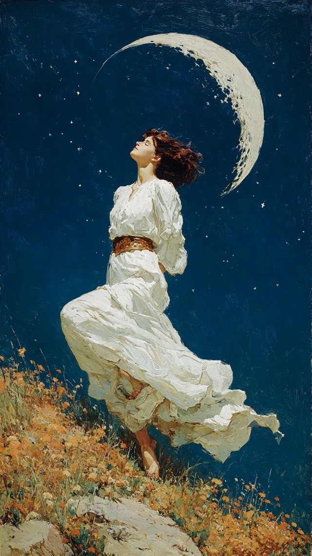 Woman on the Moon Stars Painting Art