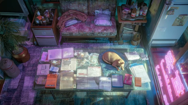 Cyberpunk Cat in a Neon Lit Room