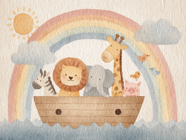 Noahs Ark Watercolor Painting with Animals and Rainbow