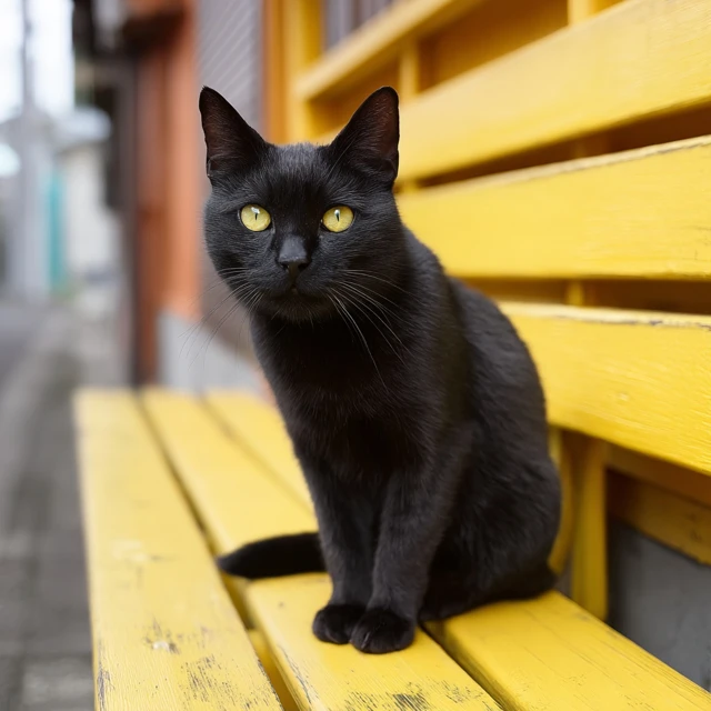 Black Cat Sitting on Yellow Bench