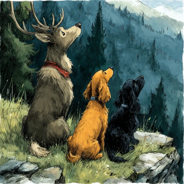 Proud Deer and Cocker Spaniels Ghibli Style