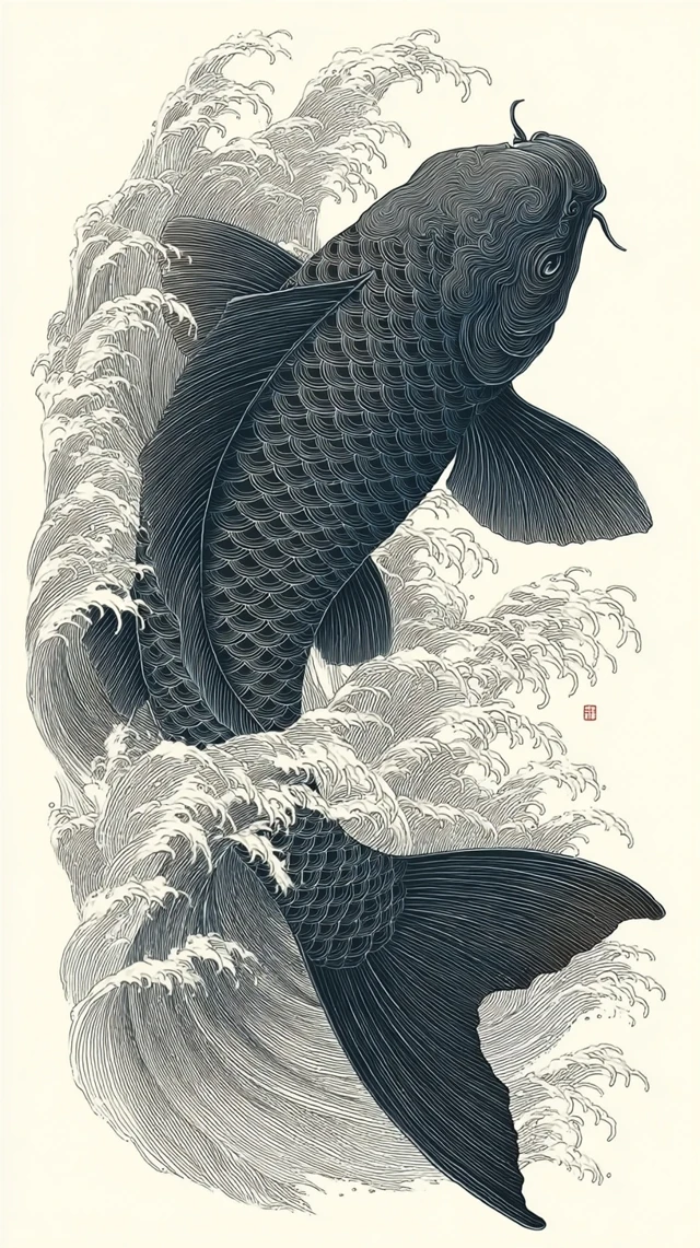 Japanese Koi Fish In Waves Linocut Art