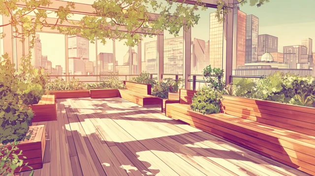 Rooftop Garden Serenity Anime Style Cityscape
