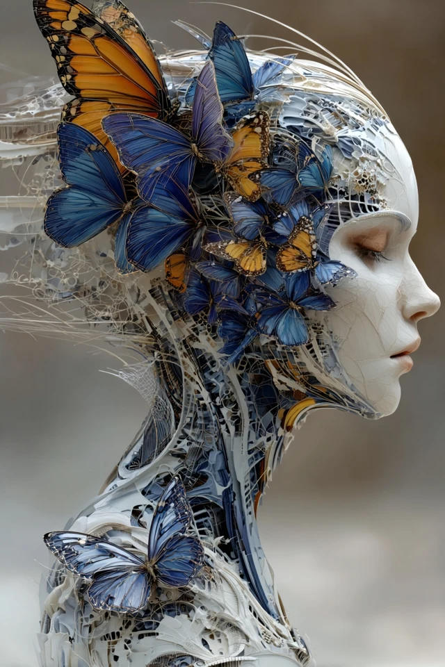 Surreal Woman Sculpture with Butterflies Art